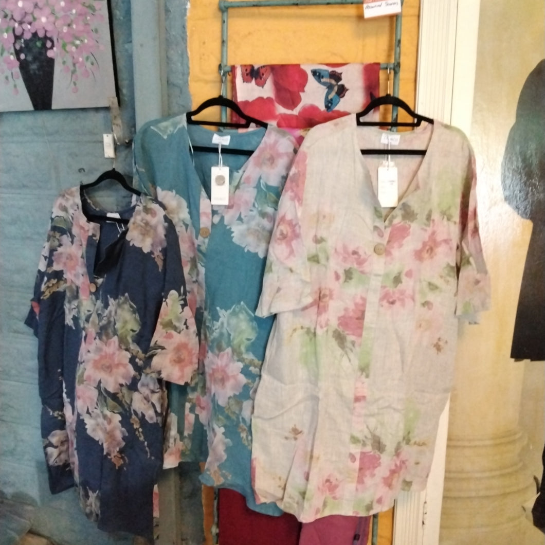 Linen buttoned floral dress assorted colours