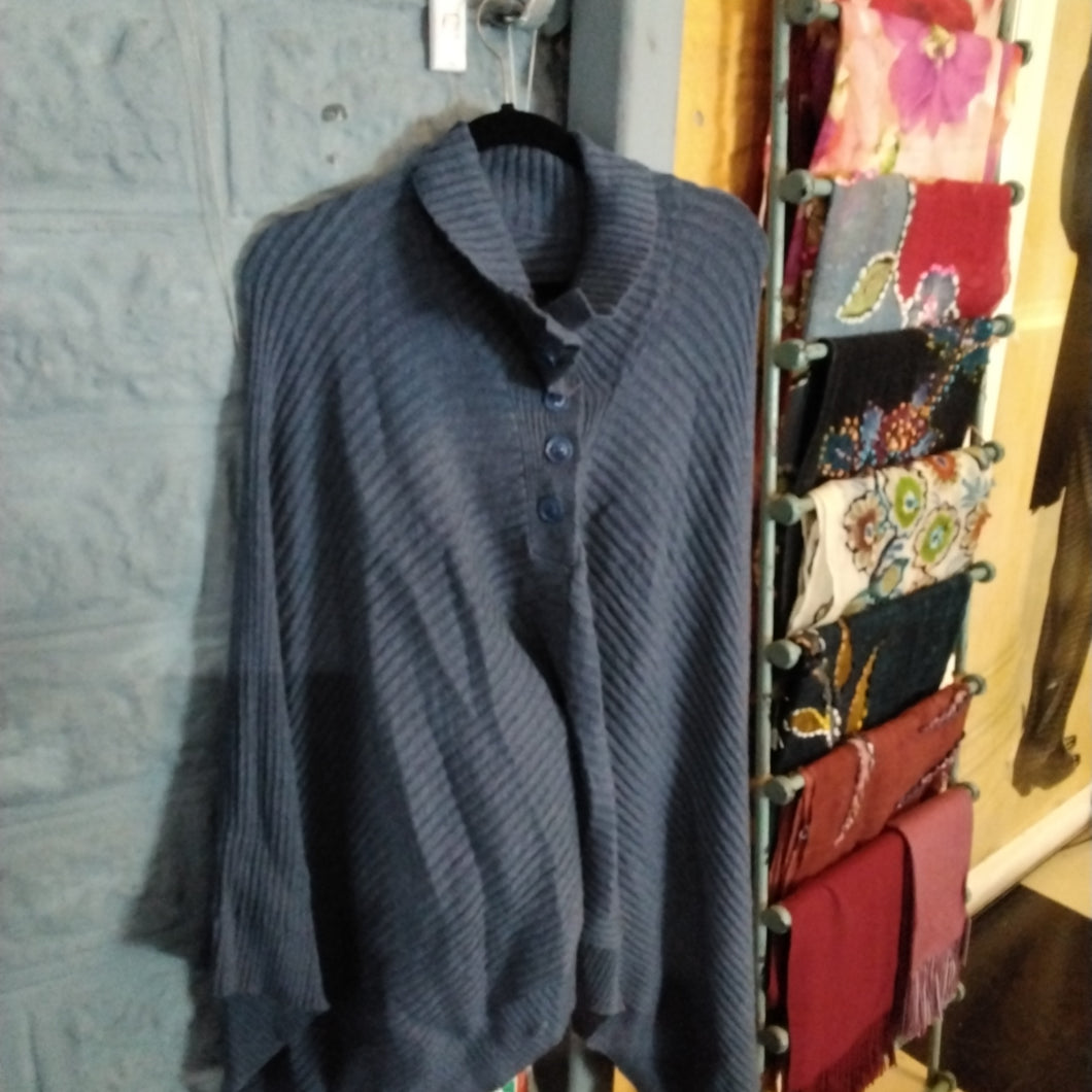 Blue poncho - buttoned rib knit