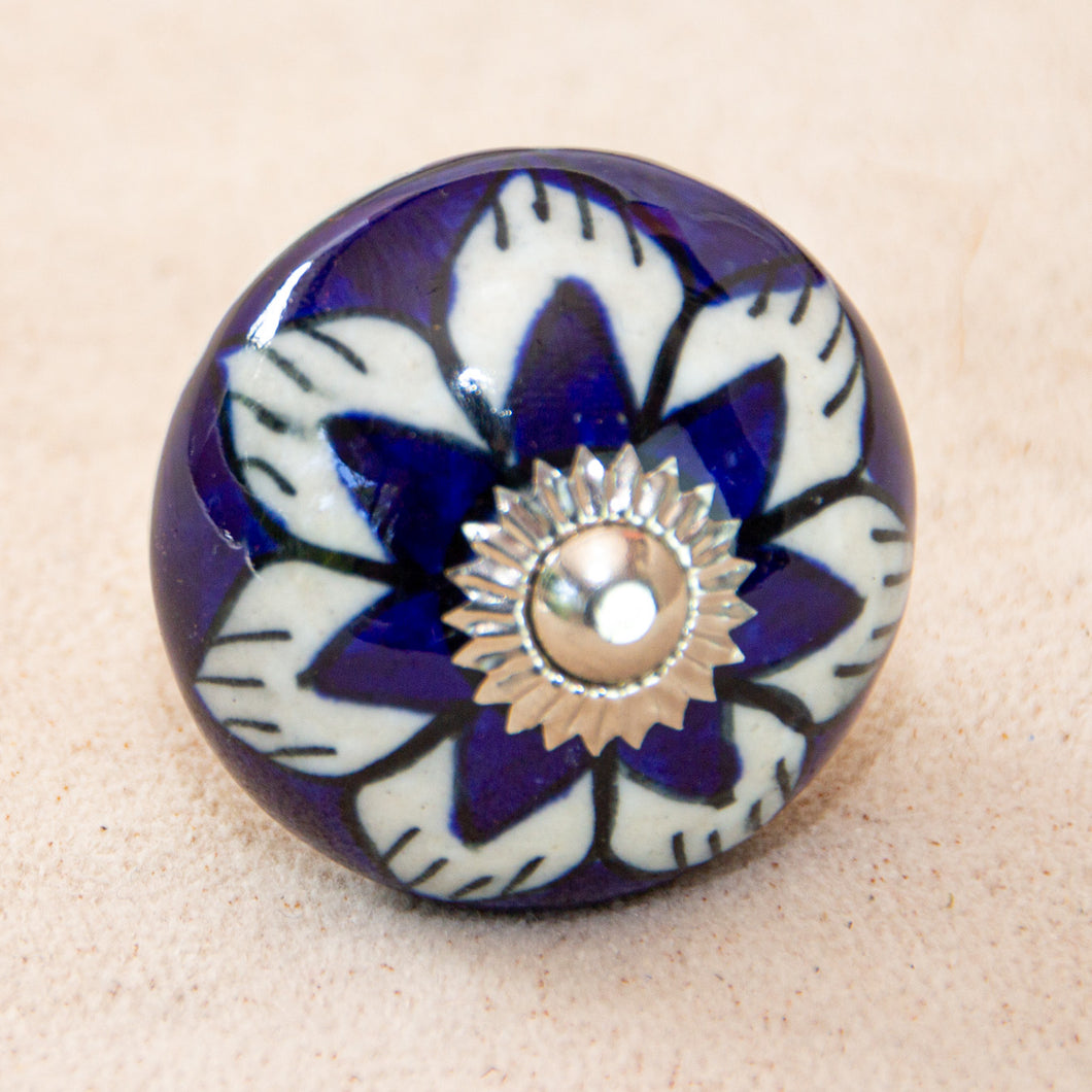 Hand Painted Antique Ceramic Door Drawer Knob - Royal Blue Star Flower - Beths Emporium