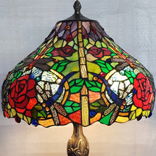 Load image into Gallery viewer, Leadlight Style Round Dragonfly and Roses Table Lamp - Beths Emporium