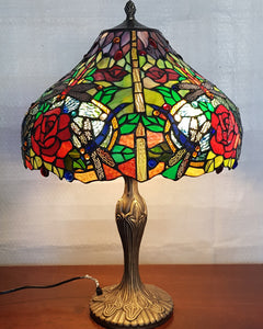 Leadlight Style Round Dragonfly and Roses Table Lamp - Beths Emporium