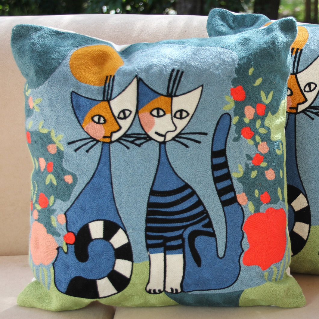 Embroidered Cushion Cover - Kitty Cats 40x40cm - Beths Emporium