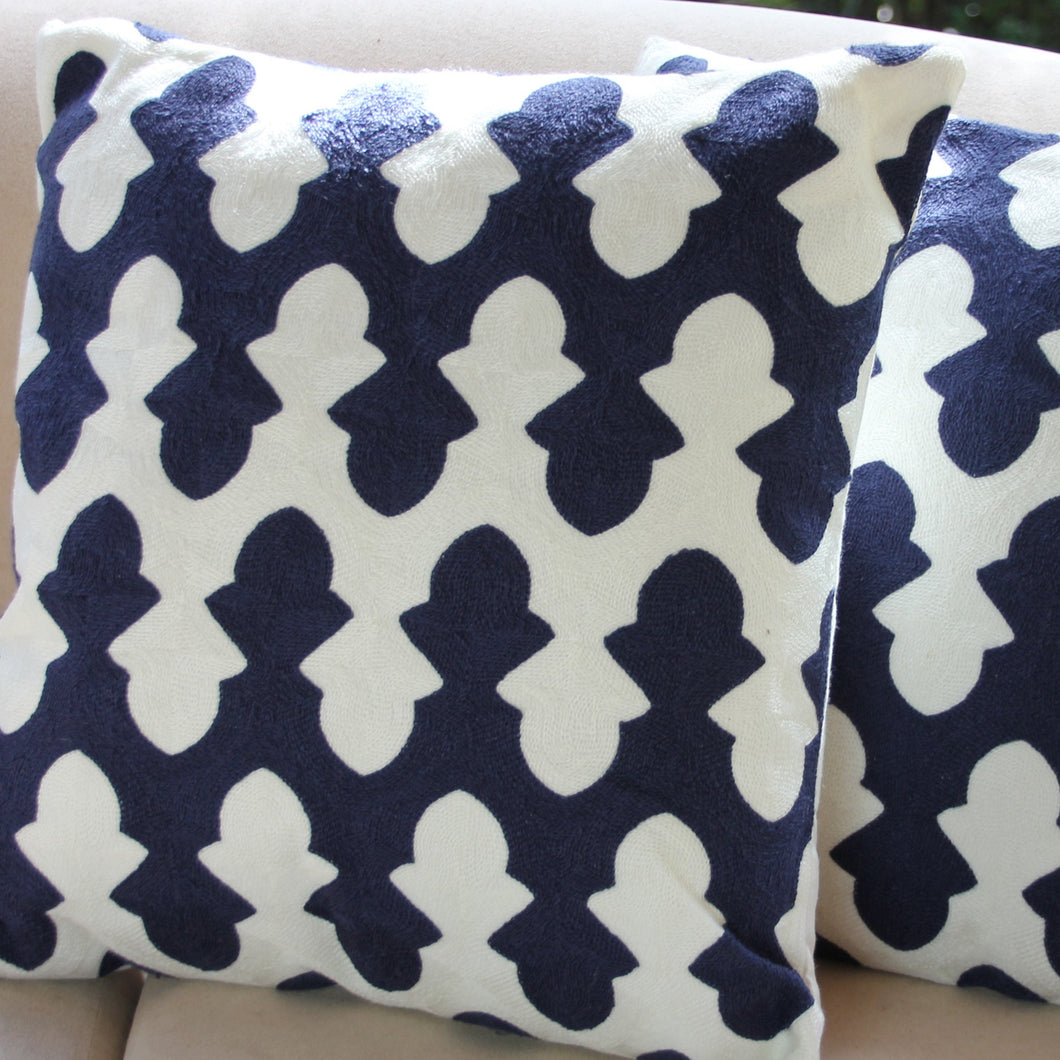 Embroidered Cushion Cover - Navy and White 40x40cm - Beths Emporium