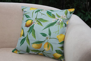 Linen Cushion Cover - Lemon Fresh on Soft Blue - Beths Emporium