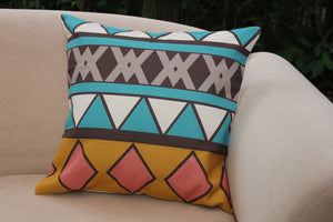 Linen Cushion Cover - Geometric - Aqua, Orange & Neutrals 30 x 30cm - Beths Emporium