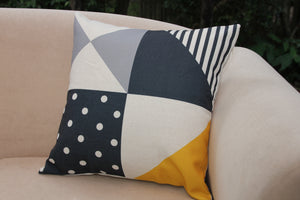 Linen Cushion Cover - Funky Geometrics - Charcoals & Neutral with Splash of Yellow 30 x 30cm - Beths Emporium