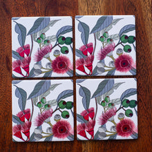 Load image into Gallery viewer, Set of Coasters - Red Flowering Gum &amp; Gumnuts - Australian Native - Beths Emporium