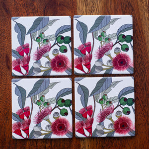 Set of Coasters - Red Flowering Gum & Gumnuts - Australian Native - Beths Emporium