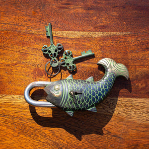 Brass Antique Fish Padlock - Verdigris Finish - Beths Emporium
