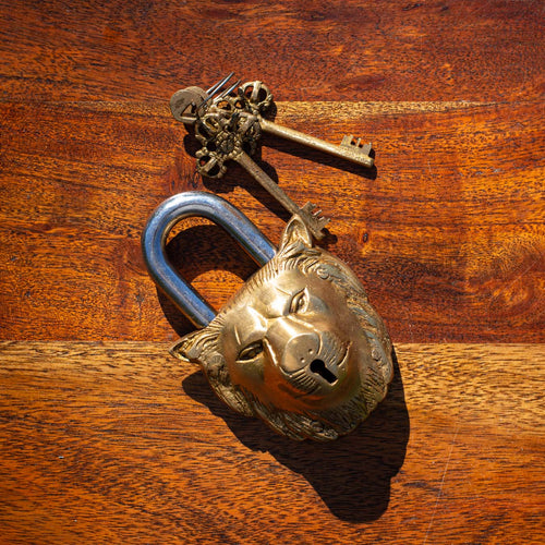 Polished Brass Antique Vintage Lion Padlock & Key - Beths Emporium
